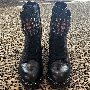 Kurt Geiger Black Croc-Embossed Boots with Jewel Accents